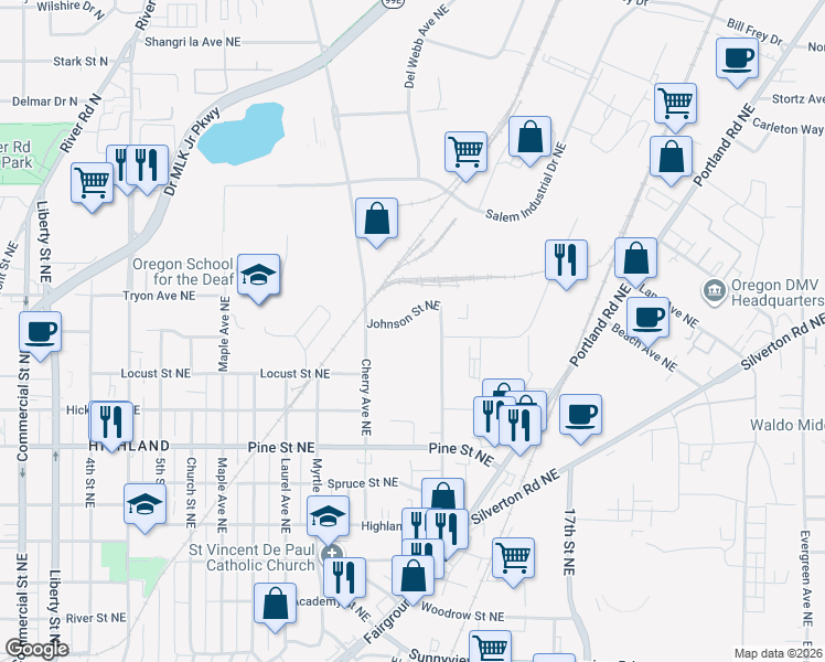 map of restaurants, bars, coffee shops, grocery stores, and more near 1220 Johnson Street Northeast in Salem