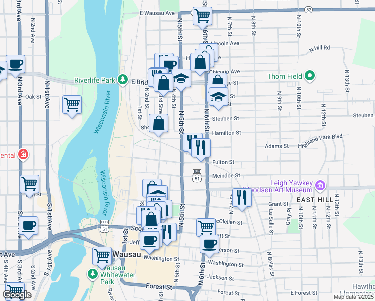 map of restaurants, bars, coffee shops, grocery stores, and more near 1015 North 5th Street in Wausau