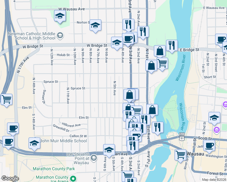 map of restaurants, bars, coffee shops, grocery stores, and more near 228 North 5th Avenue in Wausau