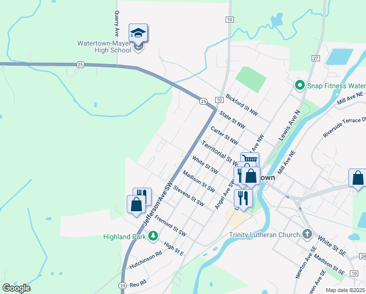 map of restaurants, bars, coffee shops, grocery stores, and more near 505 White Street Southwest in Watertown