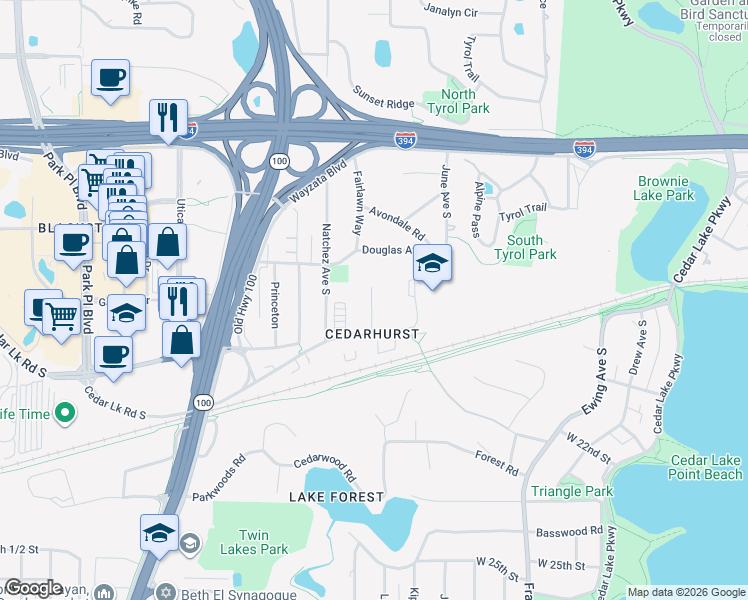 map of restaurants, bars, coffee shops, grocery stores, and more near 4584 Cedar Lake Road in Minneapolis