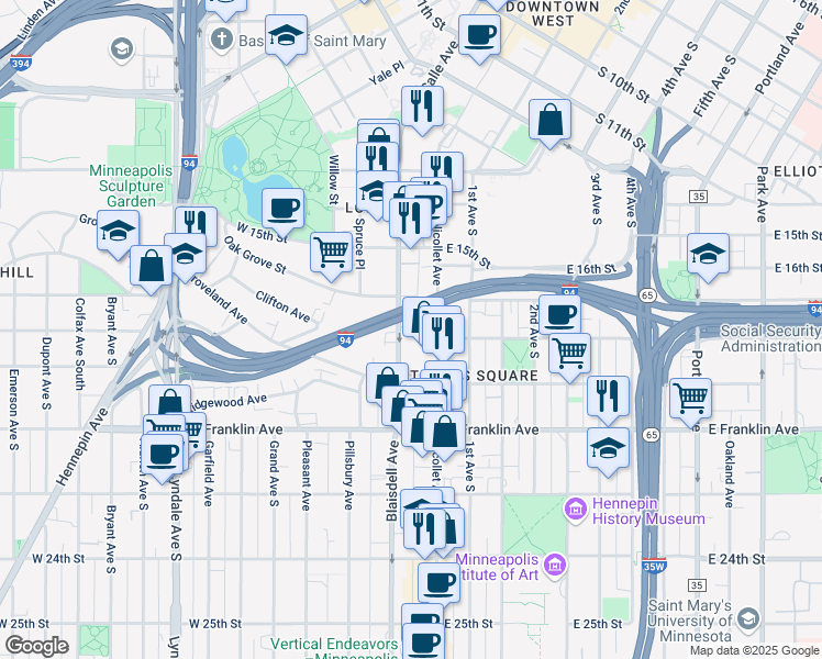 map of restaurants, bars, coffee shops, grocery stores, and more near 1727 Lasalle Avenue in Minneapolis