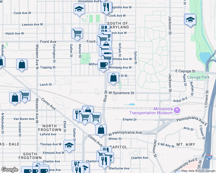 map of restaurants, bars, coffee shops, grocery stores, and more near 800 Rice Street in Saint Paul