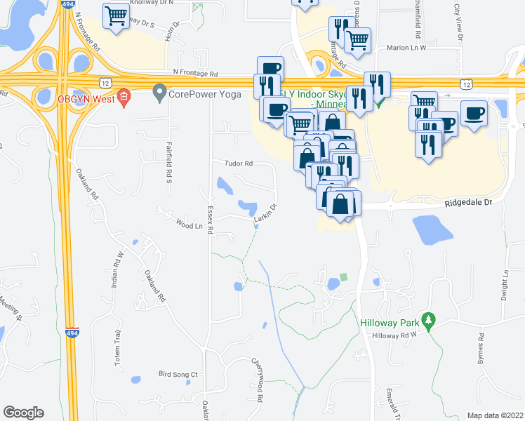 map of restaurants, bars, coffee shops, grocery stores, and more near 13514 Larkin Drive in Hopkins