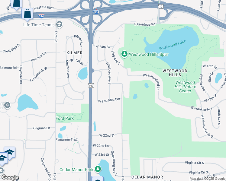 map of restaurants, bars, coffee shops, grocery stores, and more near 1811 Hillsboro Avenue South in Minneapolis
