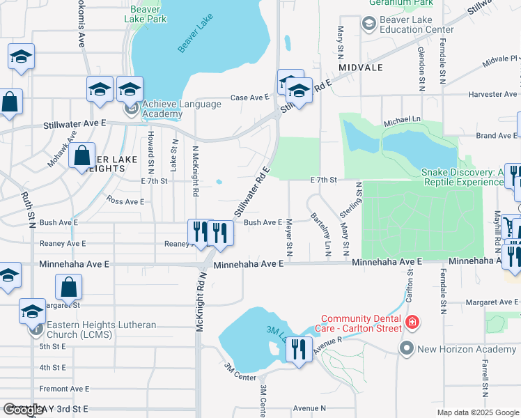 map of restaurants, bars, coffee shops, grocery stores, and more near 2322 Stillwater Road East in Maplewood