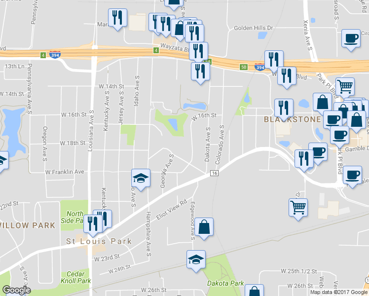 map of restaurants, bars, coffee shops, grocery stores, and more near 1808 Edgewood Avenue South in Minneapolis