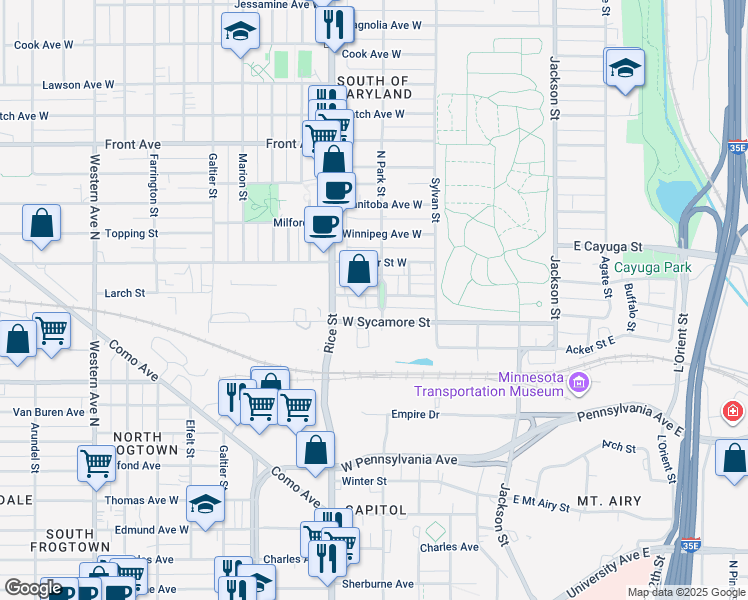 map of restaurants, bars, coffee shops, grocery stores, and more near 800 Park Street in Saint Paul