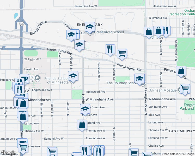 map of restaurants, bars, coffee shops, grocery stores, and more near 1282 Hubbard Avenue in Saint Paul