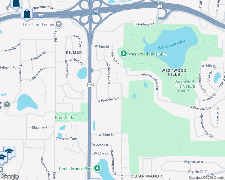 map of restaurants, bars, coffee shops, grocery stores, and more near 1811 Hillsboro Avenue South in Minneapolis
