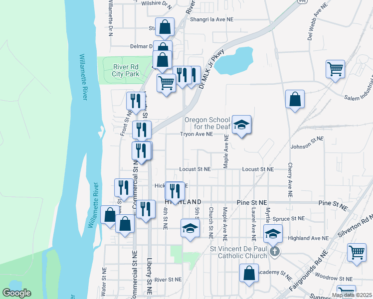 map of restaurants, bars, coffee shops, grocery stores, and more near 2670 Broadway Street Northeast in Salem