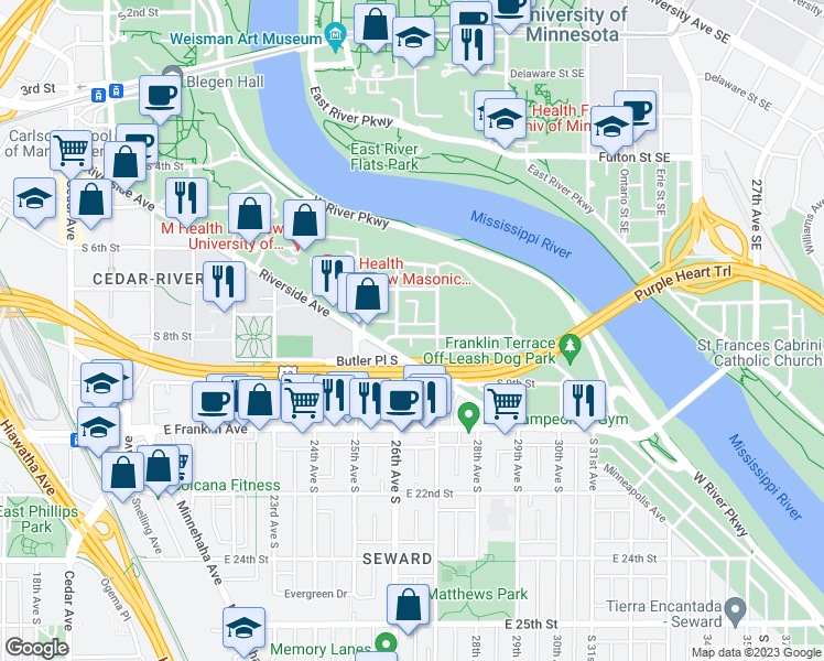 map of restaurants, bars, coffee shops, grocery stores, and more near 2608 South 8th Street in Minneapolis