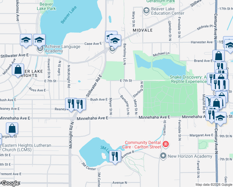 map of restaurants, bars, coffee shops, grocery stores, and more near 809 Bartelmy Lane North in Maplewood