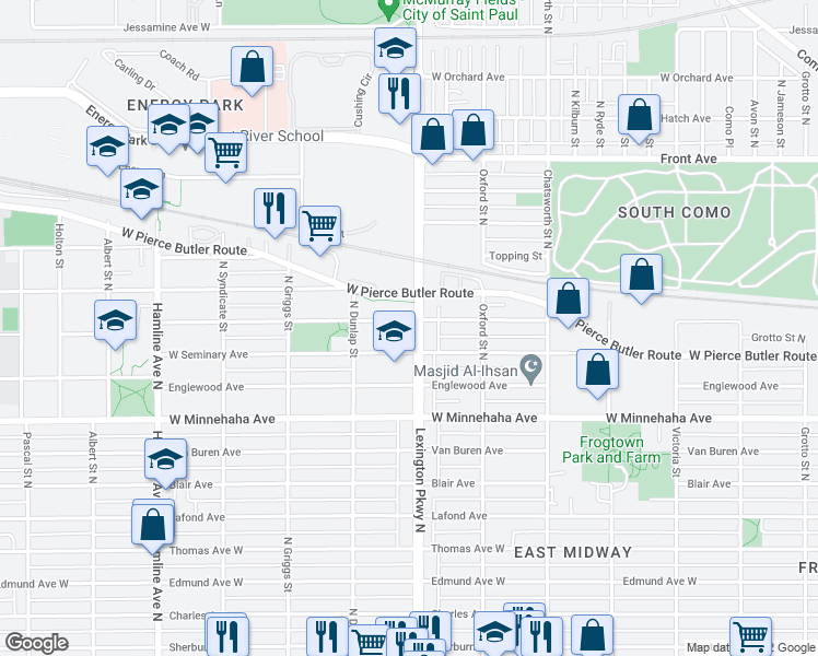 map of restaurants, bars, coffee shops, grocery stores, and more near 811 Lexington Parkway North in Saint Paul