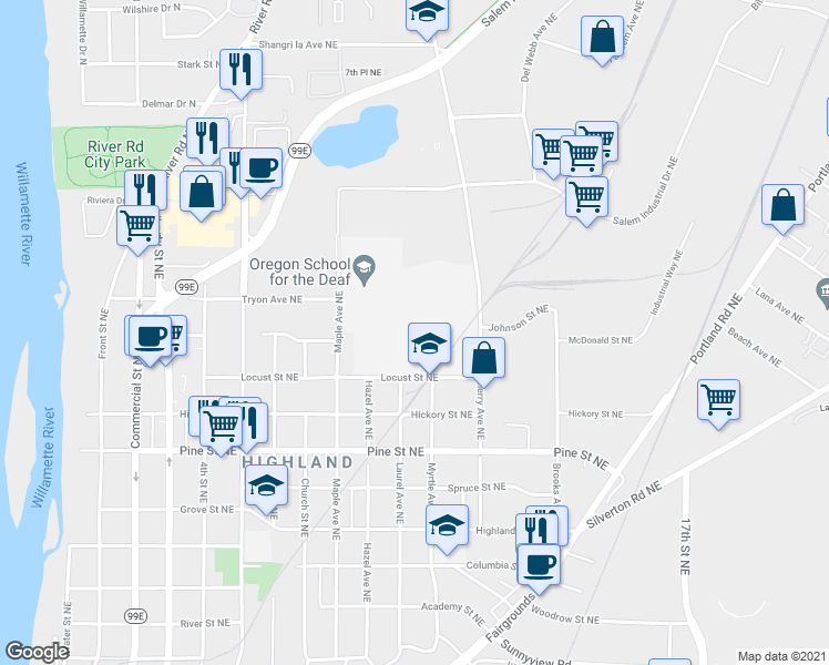 map of restaurants, bars, coffee shops, grocery stores, and more near 999 Locust Street Northeast in Salem