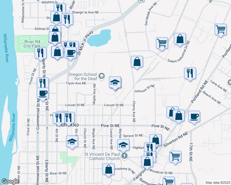 map of restaurants, bars, coffee shops, grocery stores, and more near 999 Locust Street Northeast in Salem