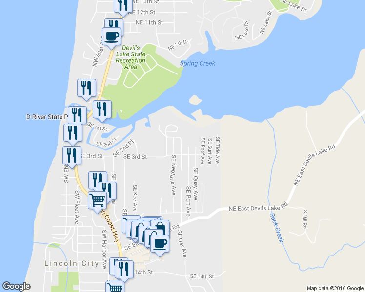 map of restaurants, bars, coffee shops, grocery stores, and more near 238 Southeast Oar Avenue in Lincoln City