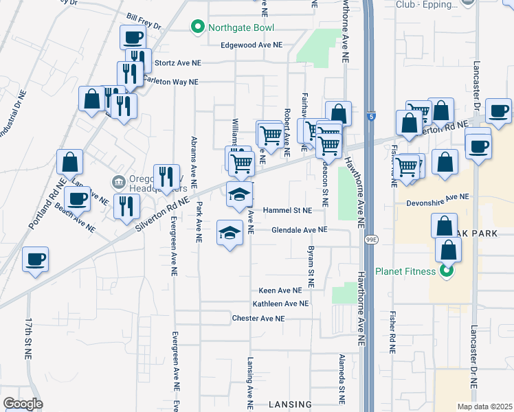 map of restaurants, bars, coffee shops, grocery stores, and more near 3027 Hammel Street Northeast in Salem