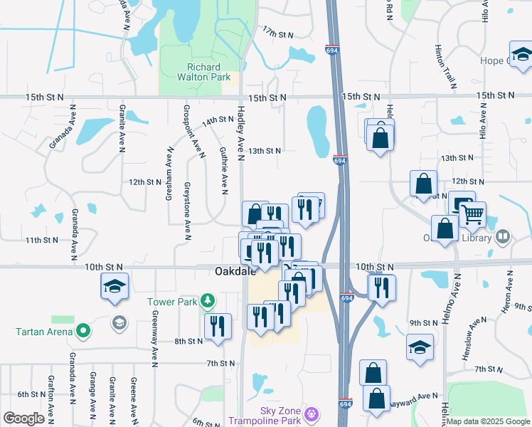 map of restaurants, bars, coffee shops, grocery stores, and more near 7088 11th Street North in Oakdale