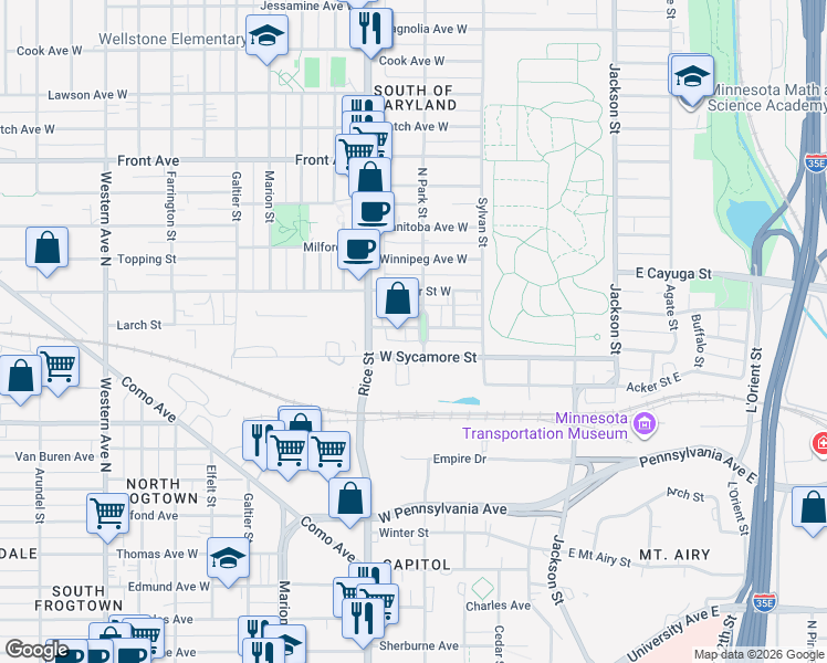 map of restaurants, bars, coffee shops, grocery stores, and more near 800 Park Street in Saint Paul