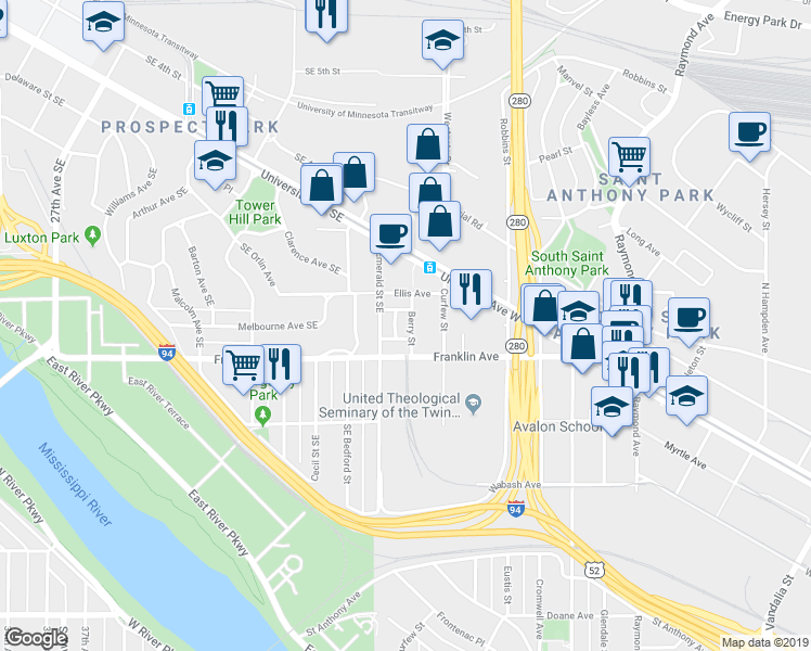 map of restaurants, bars, coffee shops, grocery stores, and more near 2564 Franklin Avenue in Saint Paul