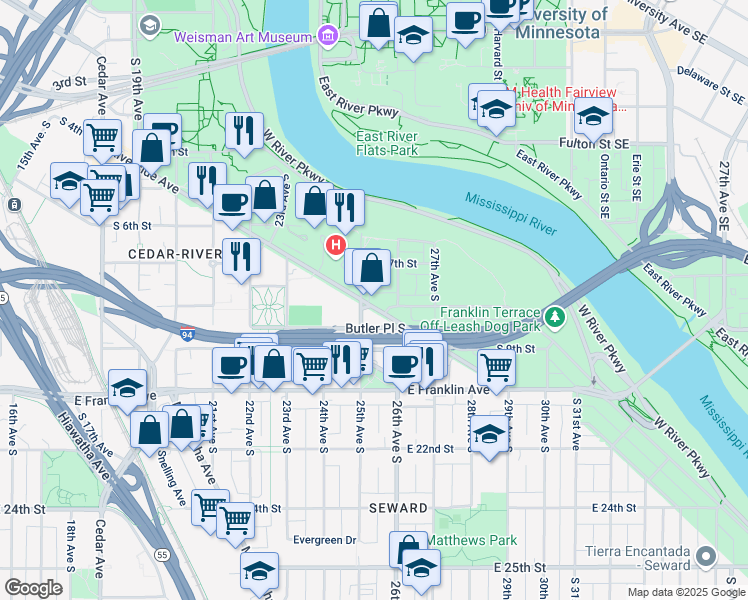map of restaurants, bars, coffee shops, grocery stores, and more near 2512 Riverside Avenue in Minneapolis