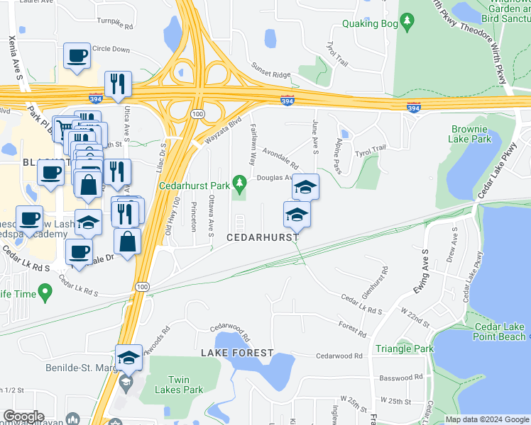 map of restaurants, bars, coffee shops, grocery stores, and more near 4584 Cedar Lake Road in Minneapolis