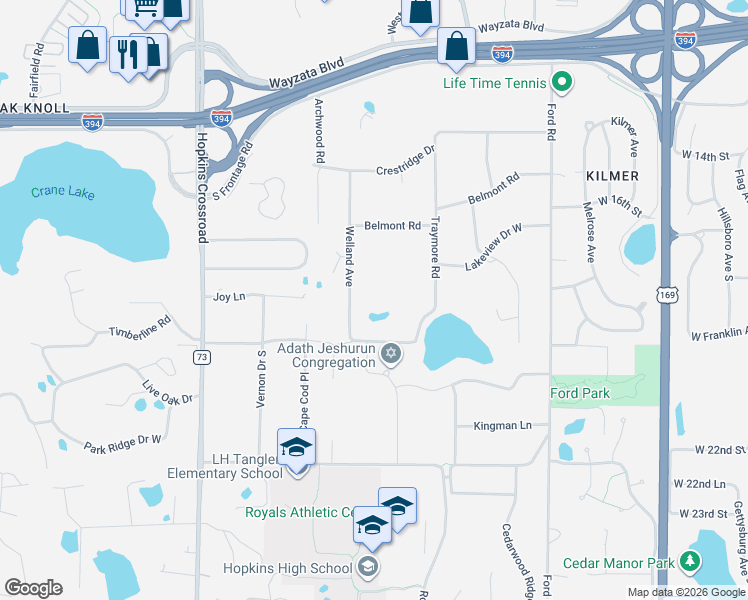 map of restaurants, bars, coffee shops, grocery stores, and more near 1817 Welland Avenue in Hopkins