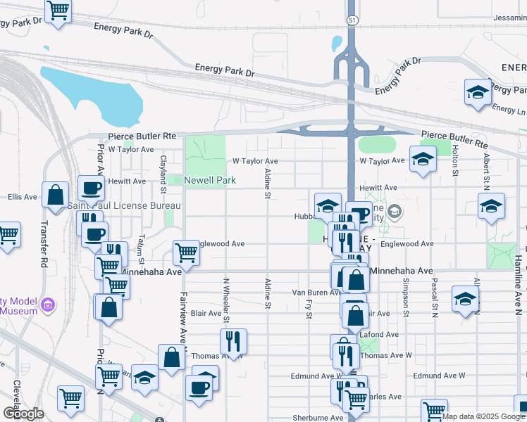 map of restaurants, bars, coffee shops, grocery stores, and more near 1709 Hubbard Avenue in Saint Paul