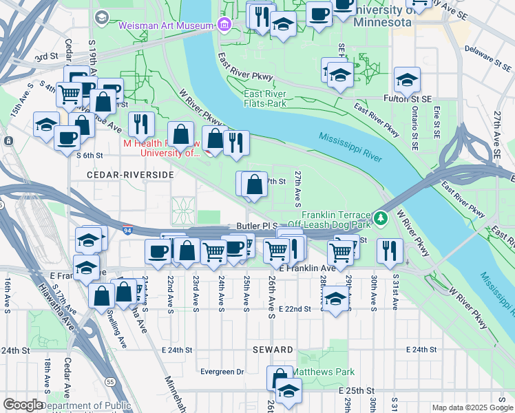 map of restaurants, bars, coffee shops, grocery stores, and more near 2512 Riverside Avenue in Minneapolis