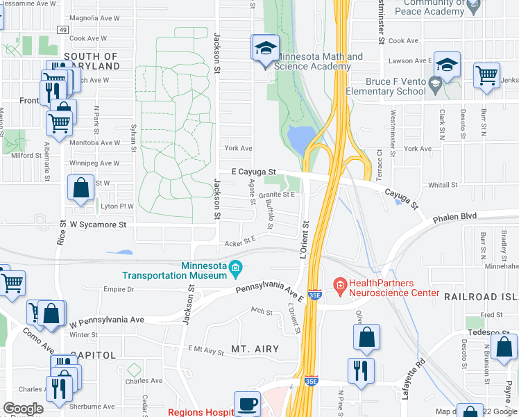 map of restaurants, bars, coffee shops, grocery stores, and more near 805 Agate Street in Saint Paul