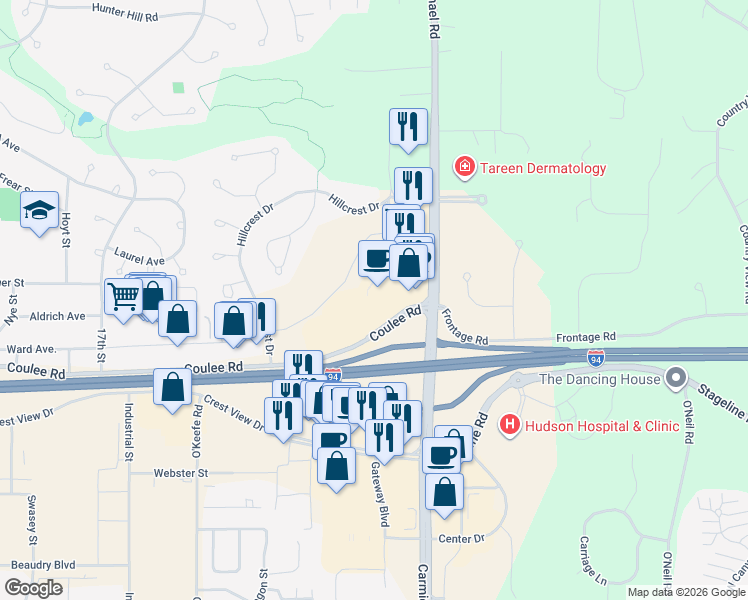 map of restaurants, bars, coffee shops, grocery stores, and more near 2401 Coulee Road in Hudson