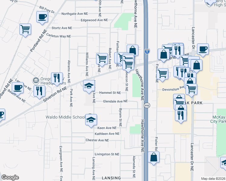 map of restaurants, bars, coffee shops, grocery stores, and more near 3113 Hammel Street Northeast in Salem