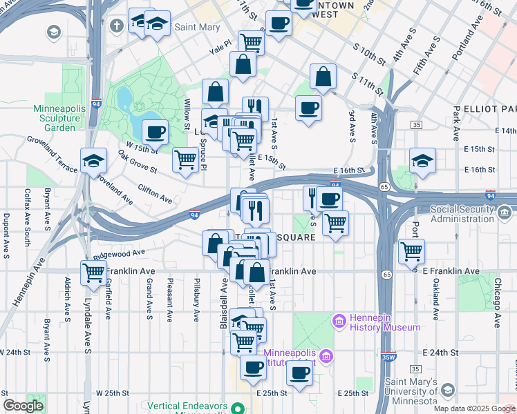 map of restaurants, bars, coffee shops, grocery stores, and more near 1725 Nicollet Avenue in Minneapolis