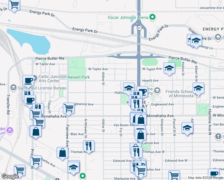 map of restaurants, bars, coffee shops, grocery stores, and more near 1671 Hubbard Avenue in Saint Paul