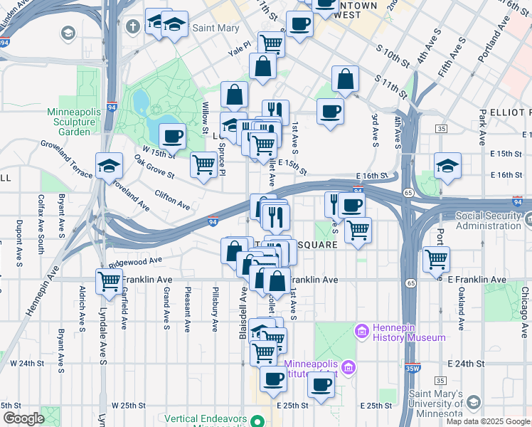 map of restaurants, bars, coffee shops, grocery stores, and more near 1725 Nicollet Avenue in Minneapolis