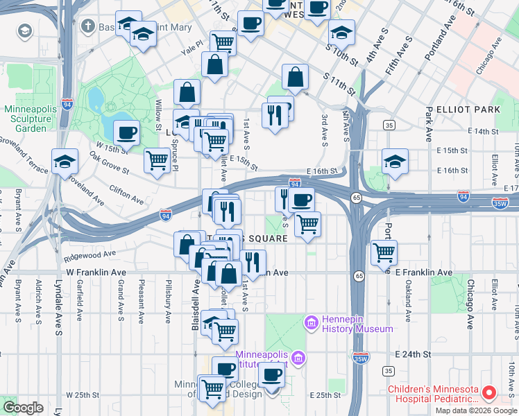 map of restaurants, bars, coffee shops, grocery stores, and more near 110 East 18th Street in Minneapolis