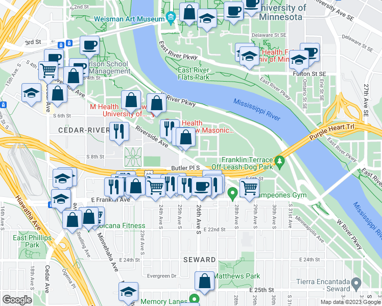 map of restaurants, bars, coffee shops, grocery stores, and more near 2520 South 8th Street in Minneapolis