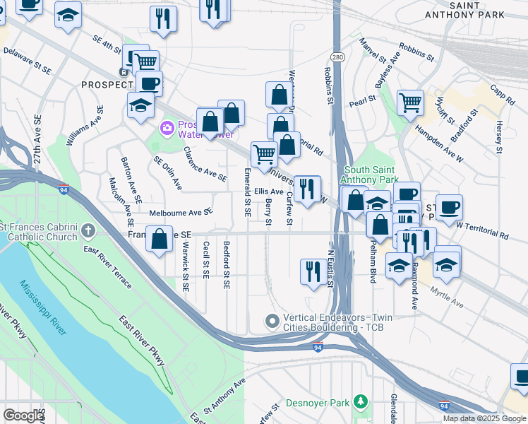 map of restaurants, bars, coffee shops, grocery stores, and more near 2564 Franklin Avenue in Saint Paul