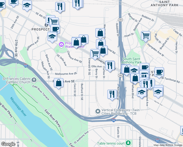 map of restaurants, bars, coffee shops, grocery stores, and more near 2564 Franklin Avenue in Saint Paul