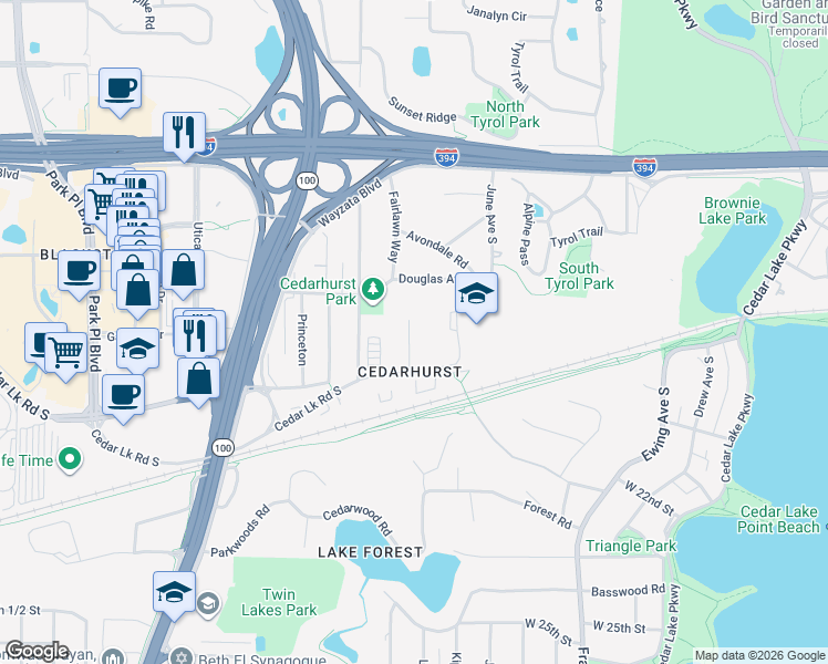 map of restaurants, bars, coffee shops, grocery stores, and more near 4584 Cedar Lake Road in Minneapolis