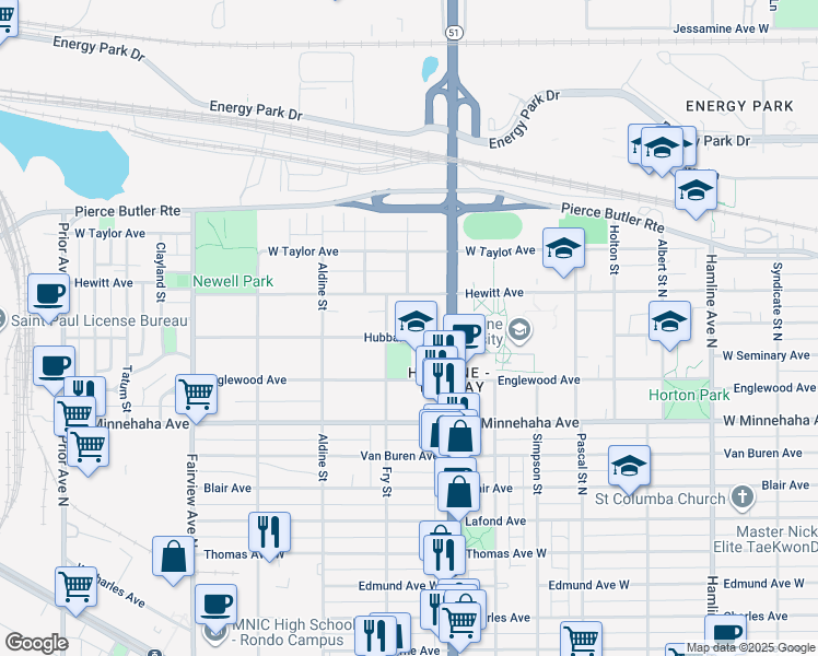 map of restaurants, bars, coffee shops, grocery stores, and more near 1631 Hubbard Avenue in Saint Paul