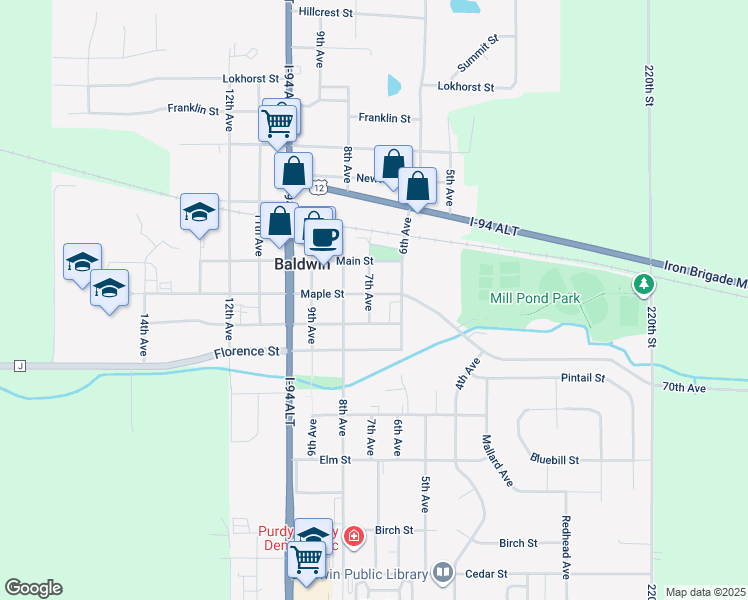 map of restaurants, bars, coffee shops, grocery stores, and more near 680 Maple Street in Baldwin