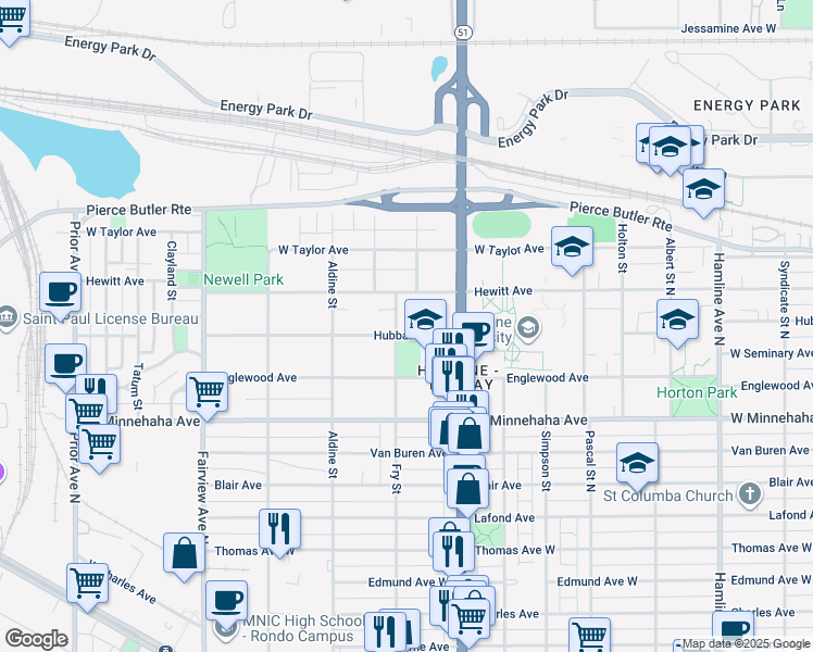 map of restaurants, bars, coffee shops, grocery stores, and more near 1631 Hubbard Avenue in Saint Paul