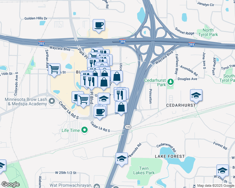 map of restaurants, bars, coffee shops, grocery stores, and more near 5100 Gamble Drive in Minneapolis