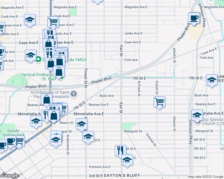 map of restaurants, bars, coffee shops, grocery stores, and more near 1028 Ross Avenue in Saint Paul