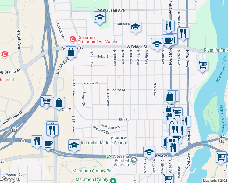 map of restaurants, bars, coffee shops, grocery stores, and more near 230 North 10th Avenue in Wausau