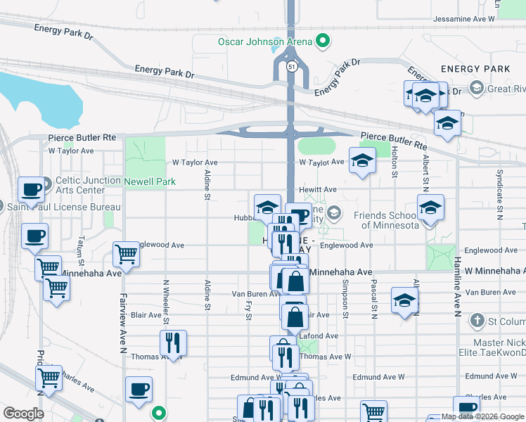 map of restaurants, bars, coffee shops, grocery stores, and more near 1619 Hubbard Avenue in Saint Paul