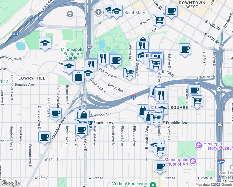 map of restaurants, bars, coffee shops, grocery stores, and more near 245 Clifton Avenue in Minneapolis
