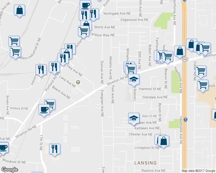 map of restaurants, bars, coffee shops, grocery stores, and more near 2660 Silverton Road Northeast in Salem